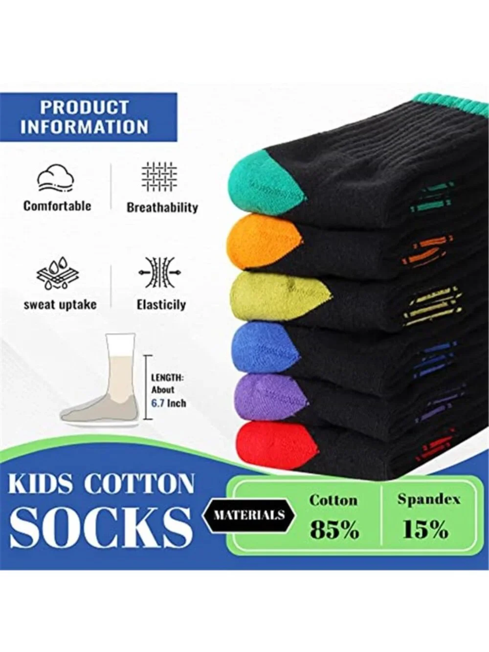 6 Pairs Kids Socks Crew Athletic Half Cushioned Cotton Sport Breathable Socks